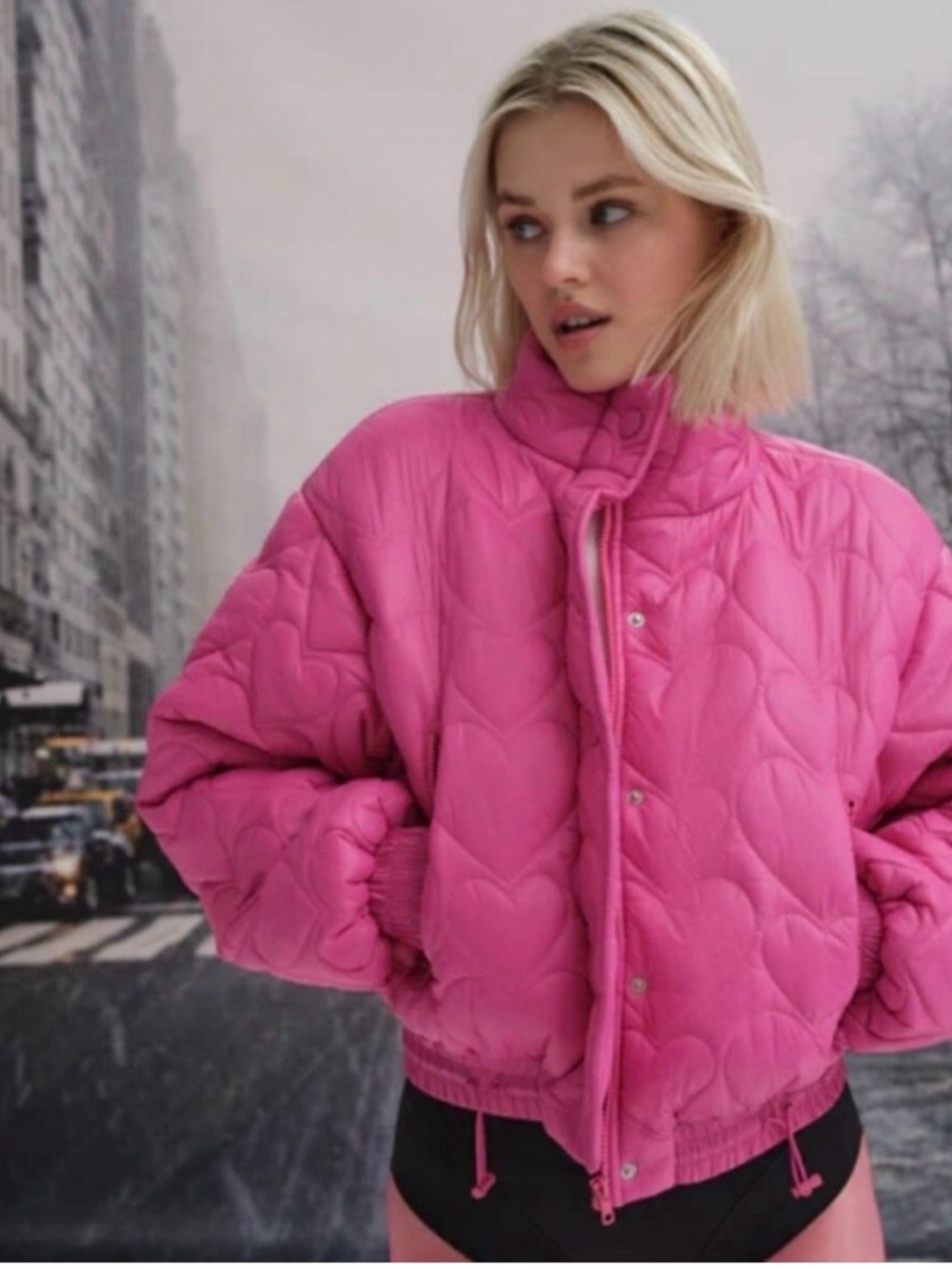 For Love And Lemons Pink Quilted Heart Puff Jacket